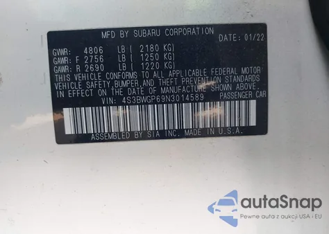 2022 Subaru Legacy Touring Xt z USA, uszkodzony, nr VIN 4S3BWGP69N3014589